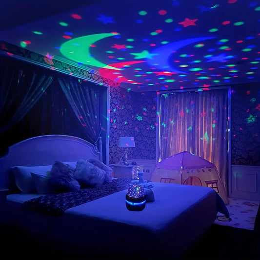 Room with colorful ceiling lights and a night light on a bed.