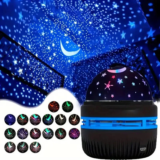 A dome-shaped night light projector shown with a black ribbed base and a glowing starry sky projection on a white background. The device has a blue illuminated band around the middle and small circular color-change indicator icons along the lower front.