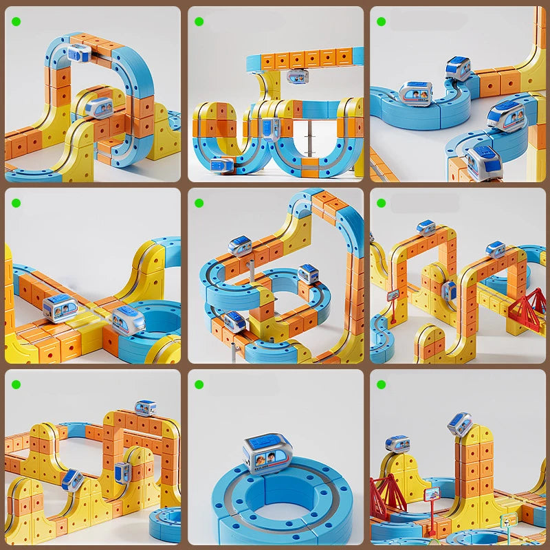 Magnetic Train Set DIY 3D Cube Track Electric Train Set for Kids Flexible Magnet Track Car Toy Stem Learning Building Cube Gift