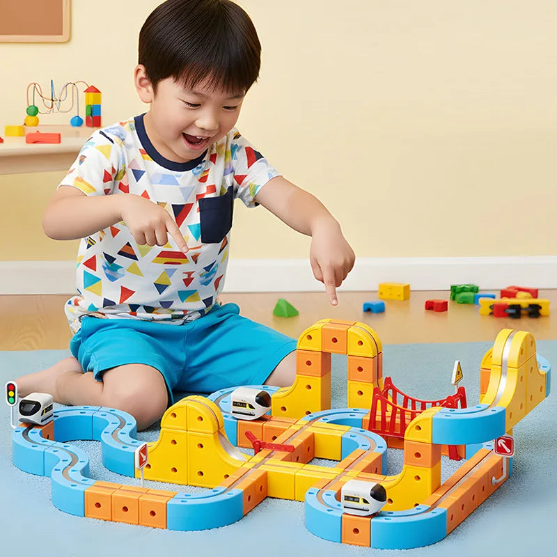 Magnetic Train Set DIY 3D Cube Track Electric Train Set for Kids Flexible Magnet Track Car Toy Stem Learning Building Cube Gift