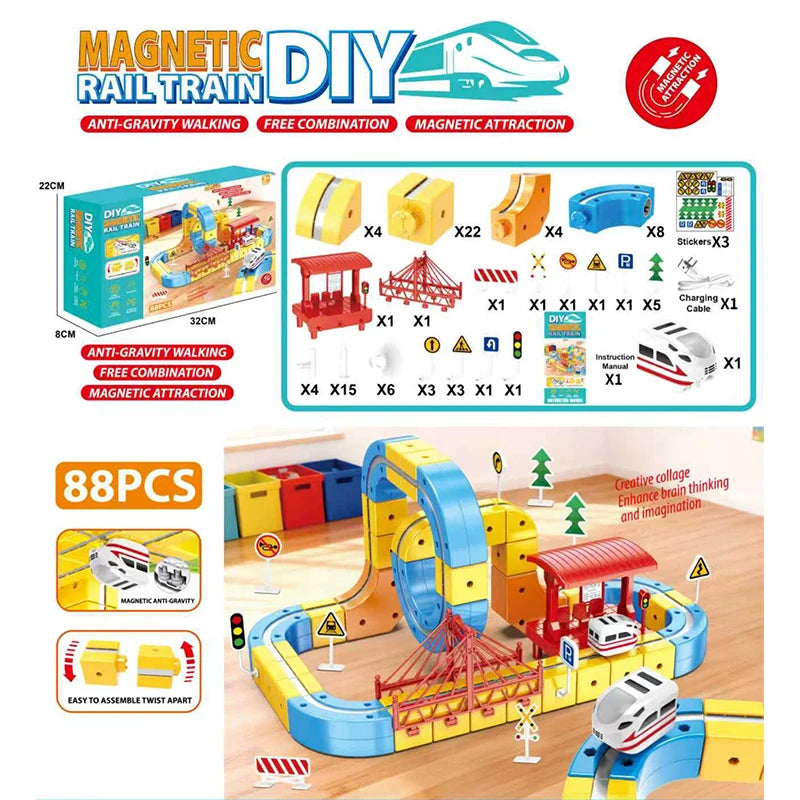 Magnetic Train Set DIY 3D Cube Track Electric Train Set for Kids Flexible Magnet Track Car Toy Stem Learning Building Cube Gift