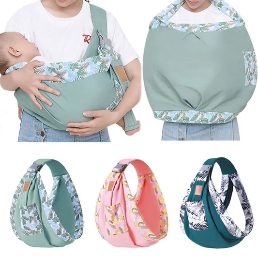 Baby carrier with floral design worn by a person, shown from different angles on a white background.