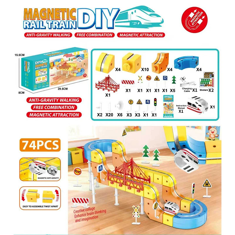 Magnetic Train Set DIY 3D Cube Track Electric Train Set for Kids Flexible Magnet Track Car Toy Stem Learning Building Cube Gift