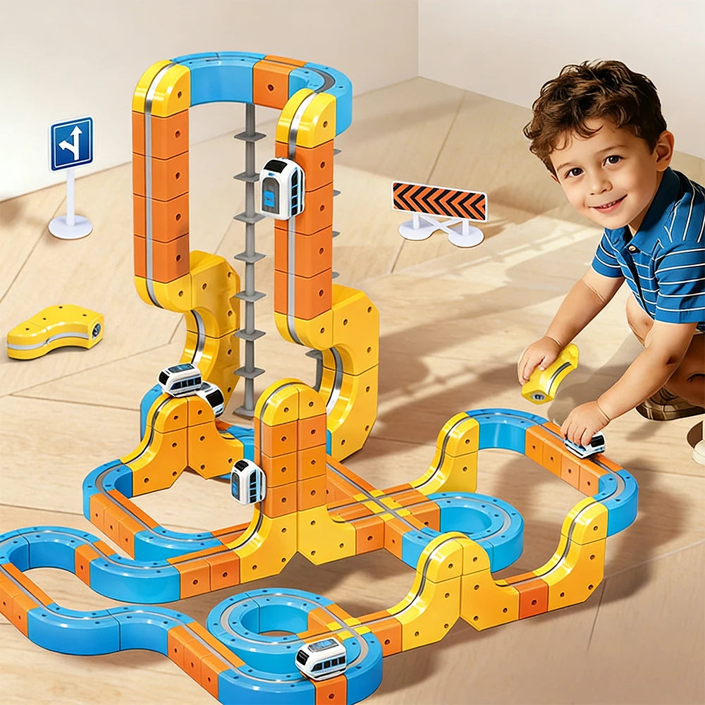 Magnetic Train Set DIY 3D Cube Track Electric Train Set for Kids Flexible Magnet Track Car Toy Stem Learning Building Cube Gift