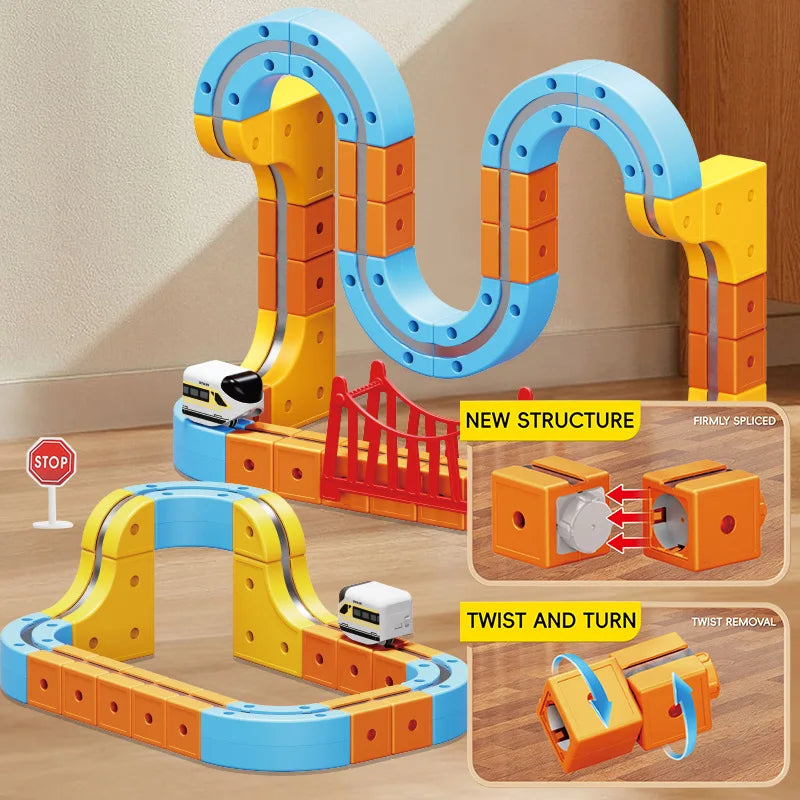 Magnetic Train Set DIY 3D Cube Track Electric Train Set for Kids Flexible Magnet Track Car Toy Stem Learning Building Cube Gift