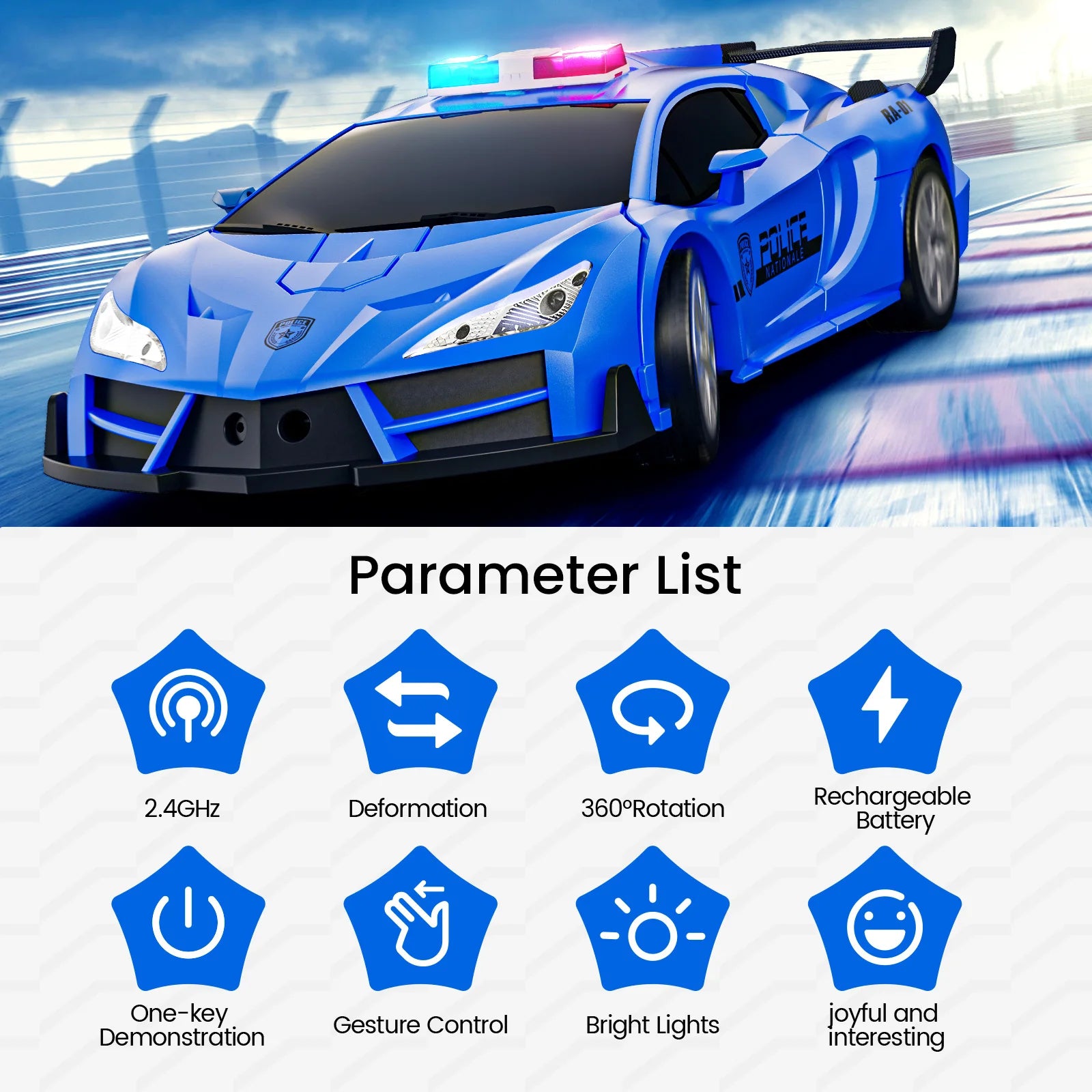 Remote Control Cars Police Car Toy Gesture Sensing with LED Light, 2.4GHz One Button Transformation Robot RC Cars Gift for Kids