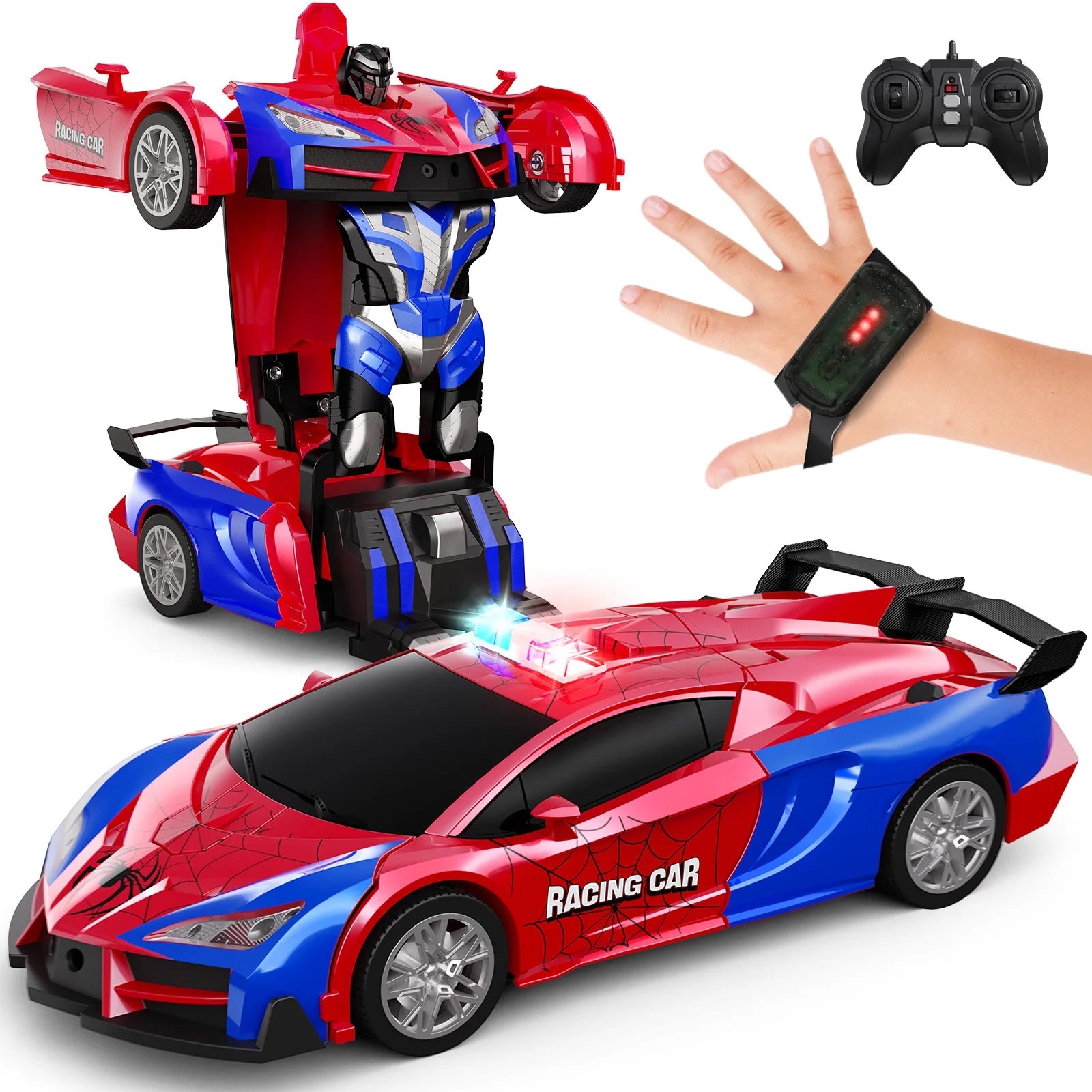 Remote Control Cars Police Car Toy Gesture Sensing with LED Light, 2.4GHz One Button Transformation Robot RC Cars Gift for Kids